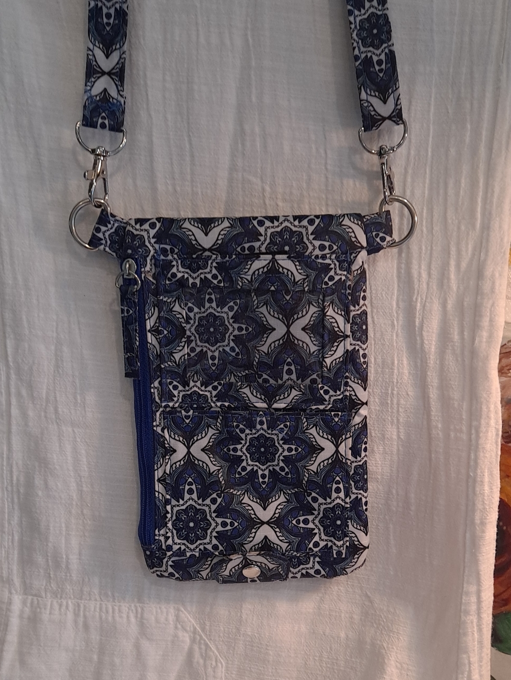 Blue White Patterned Crossbody Phone Wallet Bag with Adjustable Strap